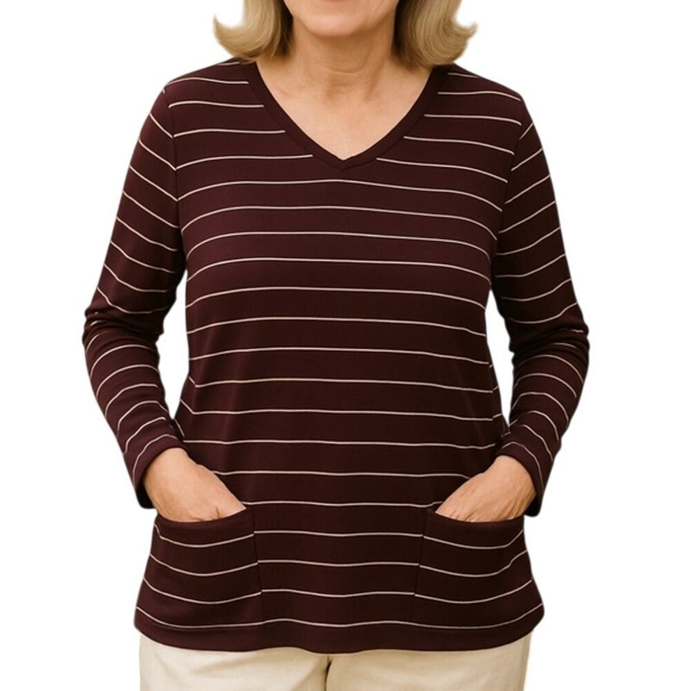 J. Jill Ribbed Knit Tunic Top Women's XLP Plum Wine Gray Stripe V-Neck Pockets
